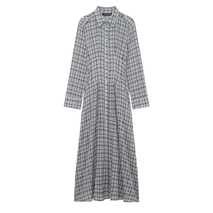 Damen Langes kariertes Hemdkleid mit durchgehender Knopfleiste und A‑Linien‑Silhouette Drune
