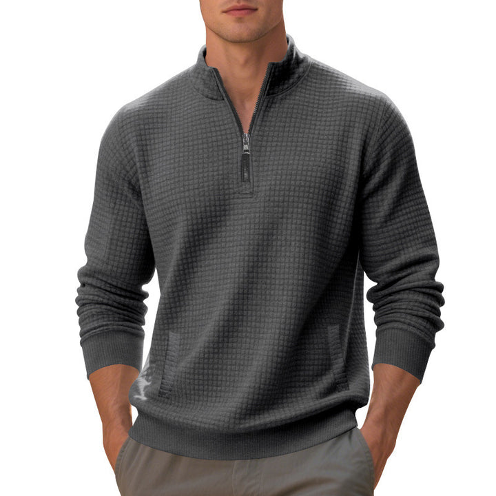 Herren Waffelstrick-Halbzip-Pullover mit Stehkragen, Kängurutasche & gerippten Abschlüssen Drune