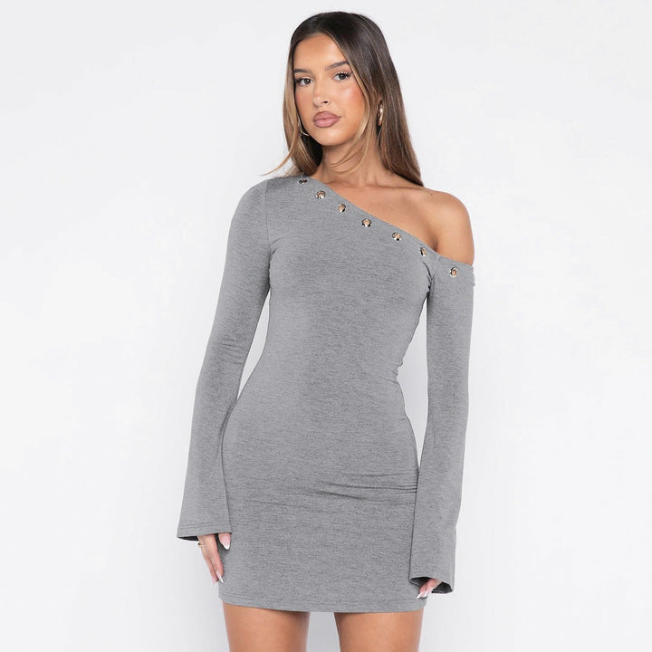 Damen Ein-Schulter Longsleeve-Minikleid mit Ösenbordüre Drune
