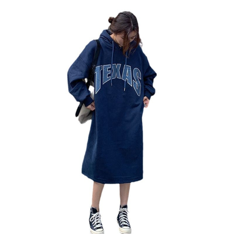 Damen Hoodie-Kleid mit modischem Aufdruck und seitlichen Schlitzen Drune