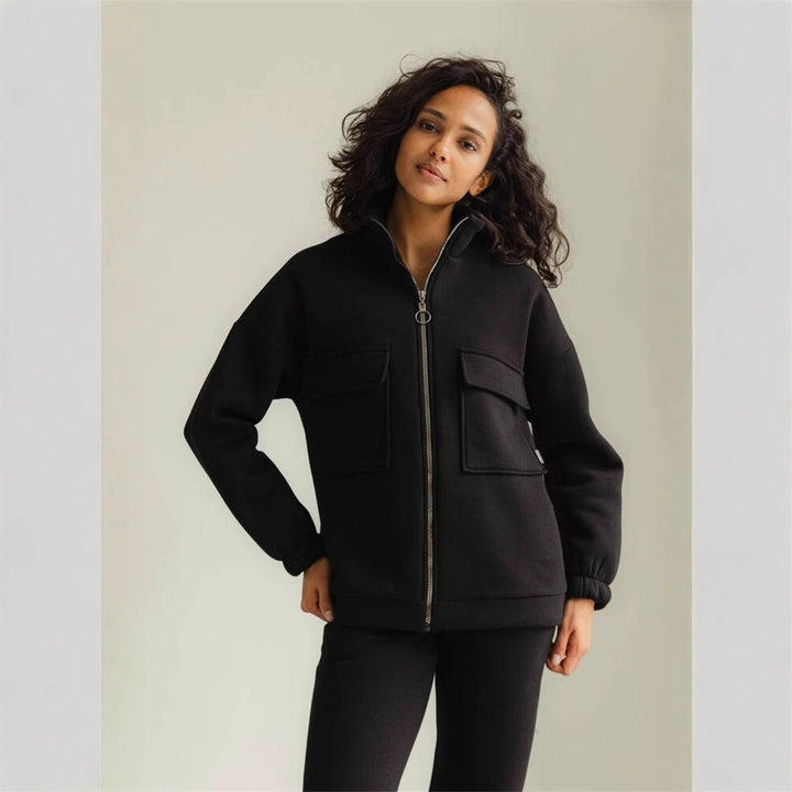 Damen sportlicher Fleece-Kapuzenpullover mit Reißverschluss und praktischen Taschen Drune