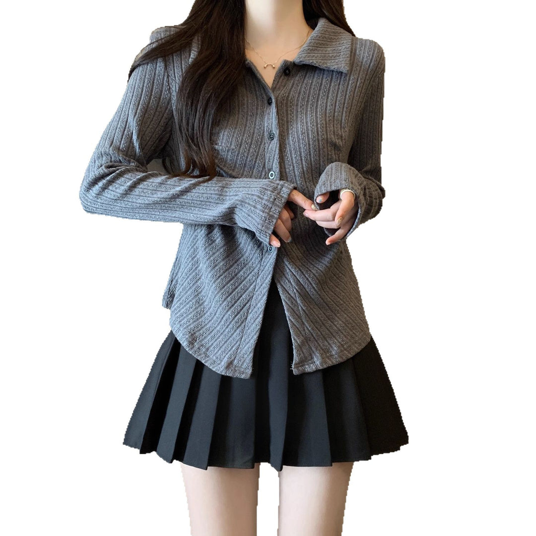 Damen Modische Rippstrickbluse mit langen Ärmeln Drune