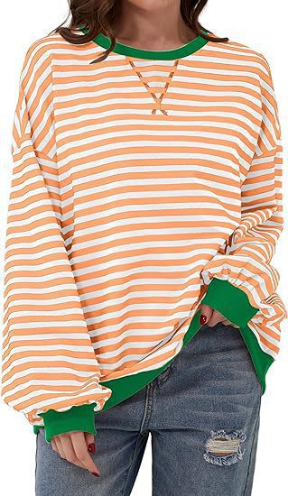 Damen Lässiges Oversize-Streifen-Sweatshirt mit Raglanärmeln und Kontrastbündchen Drune