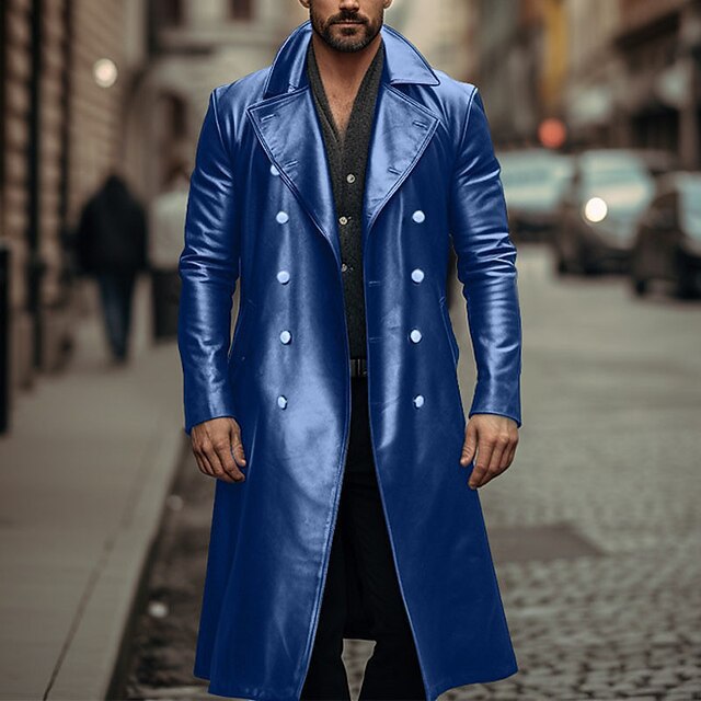 Herren Doppelreihiger Ledermantel im Trenchcoat‑Stil mit schmaler Taille Drune