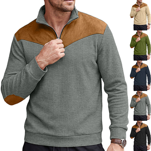 Herren Strickpullover mit Troyerkragen, Rippenstruktur und Ellbogen-Patches Drune