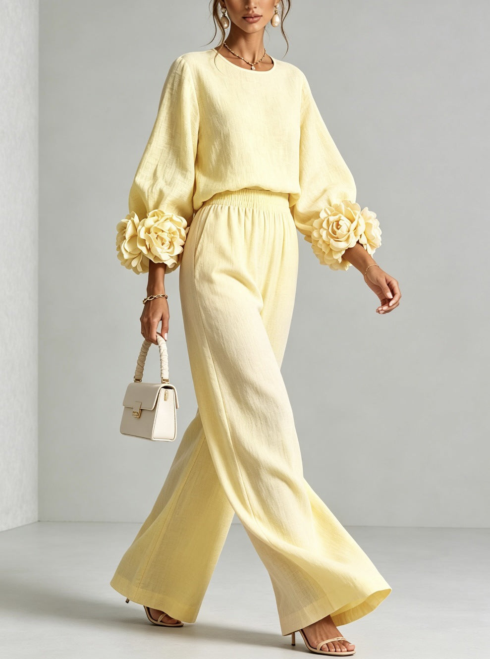 Damen Zweiteiliges Ensemble mit Ballonärmeln und Blumenmanschetten Drune