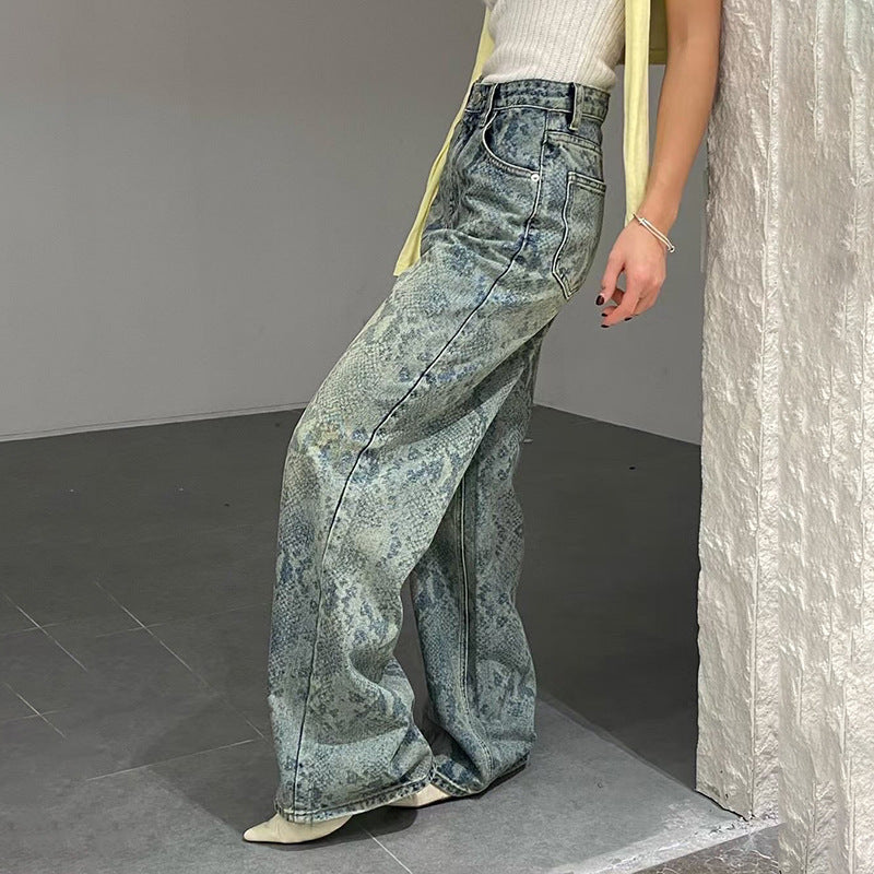 Damen nan hochgeschnittene Jeans mit Schlangenprint, weitem Bein und geradem Schnitt Drune