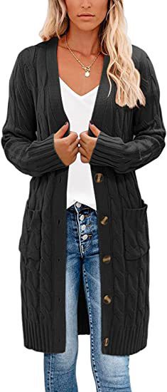 Damen Strickjacke mit asymmetrischem Zopfmuster und praktischen Taschen Drune