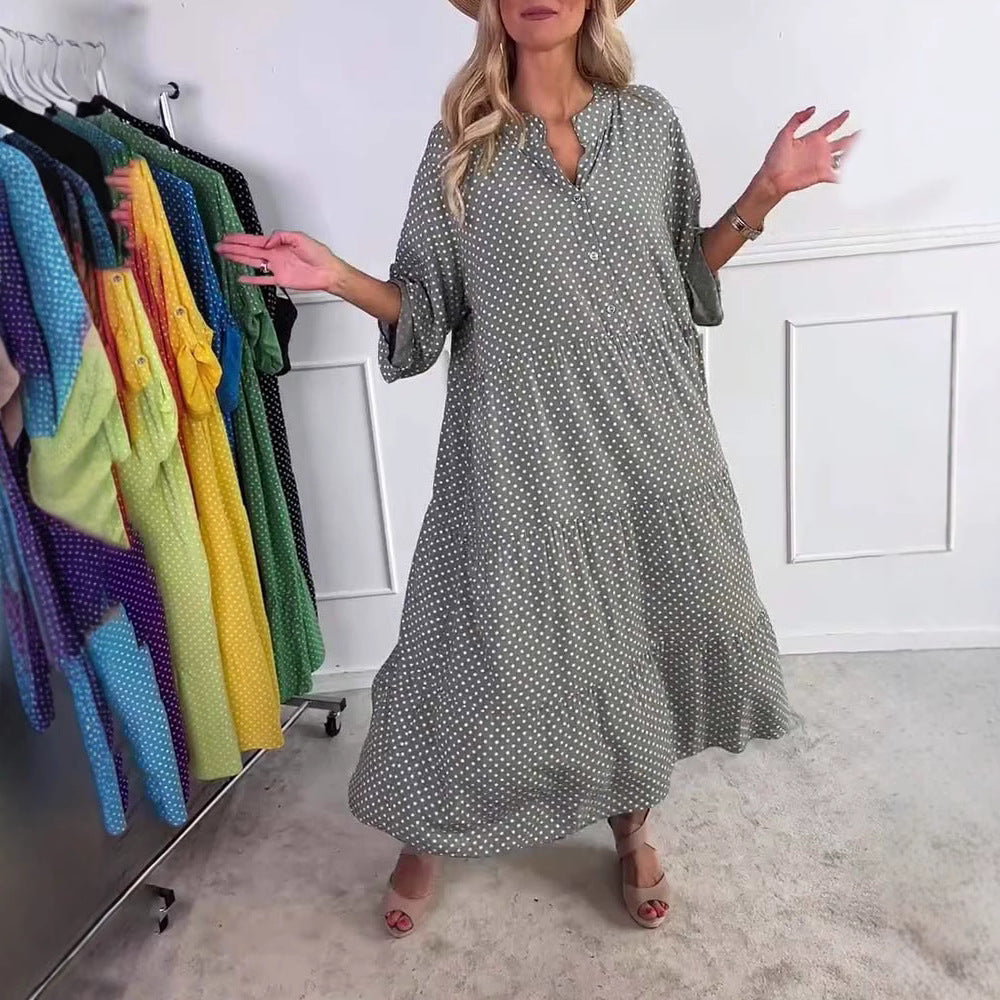 Damen nan lässiges Stufenmidikleid mit Stehkragen, verdeckter Knopfleiste und dreiviertelärmeln Drune
