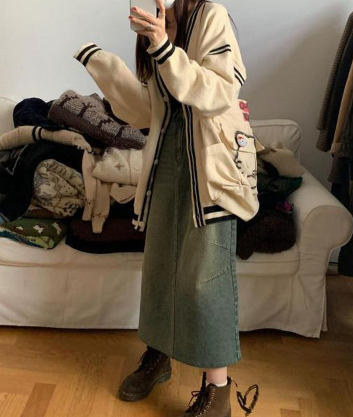 Damen bequeme Strickjacke mit lässigem Schnitt und dekorativem Streifen Drune