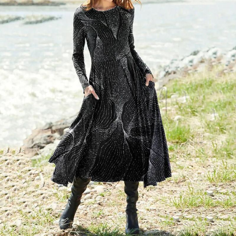 Damen nan Boho-Maxikleid mit taillierter Empire-Passe, langen Ärmeln und Seitentaschen Drune