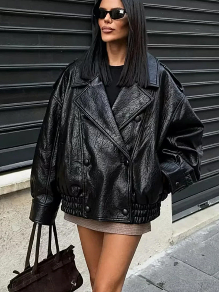 Damen Oversize Lederimitat-Blouson mit doppelreihiger Knopfleiste, weitem Revers und elastischem Saum Drune