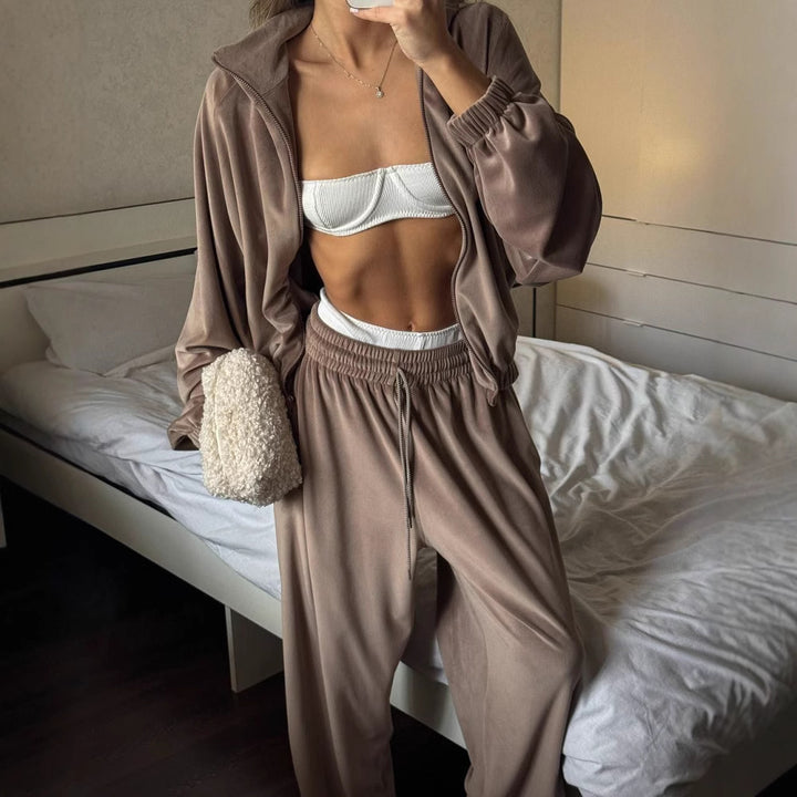 Damen lässiges Lounge-Zweiteiler Set mit Oversize Zipjacke und weitem Bundhose Drune