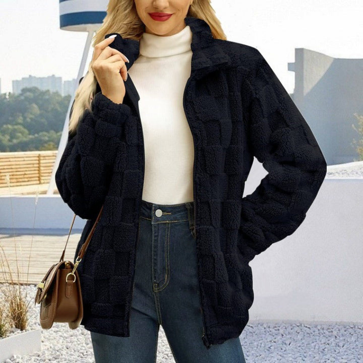 Damen Teddyjacke mit Karo-Struktur, Stehkragen und Reißverschluss Drune