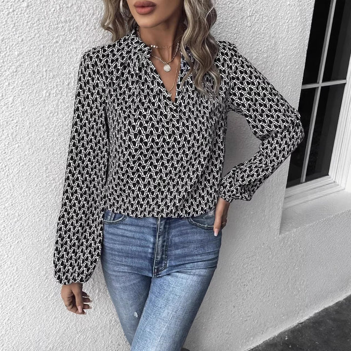Damen Gemusterte Viskose-Bluse mit Stehkragen und Ballonärmeln Drune