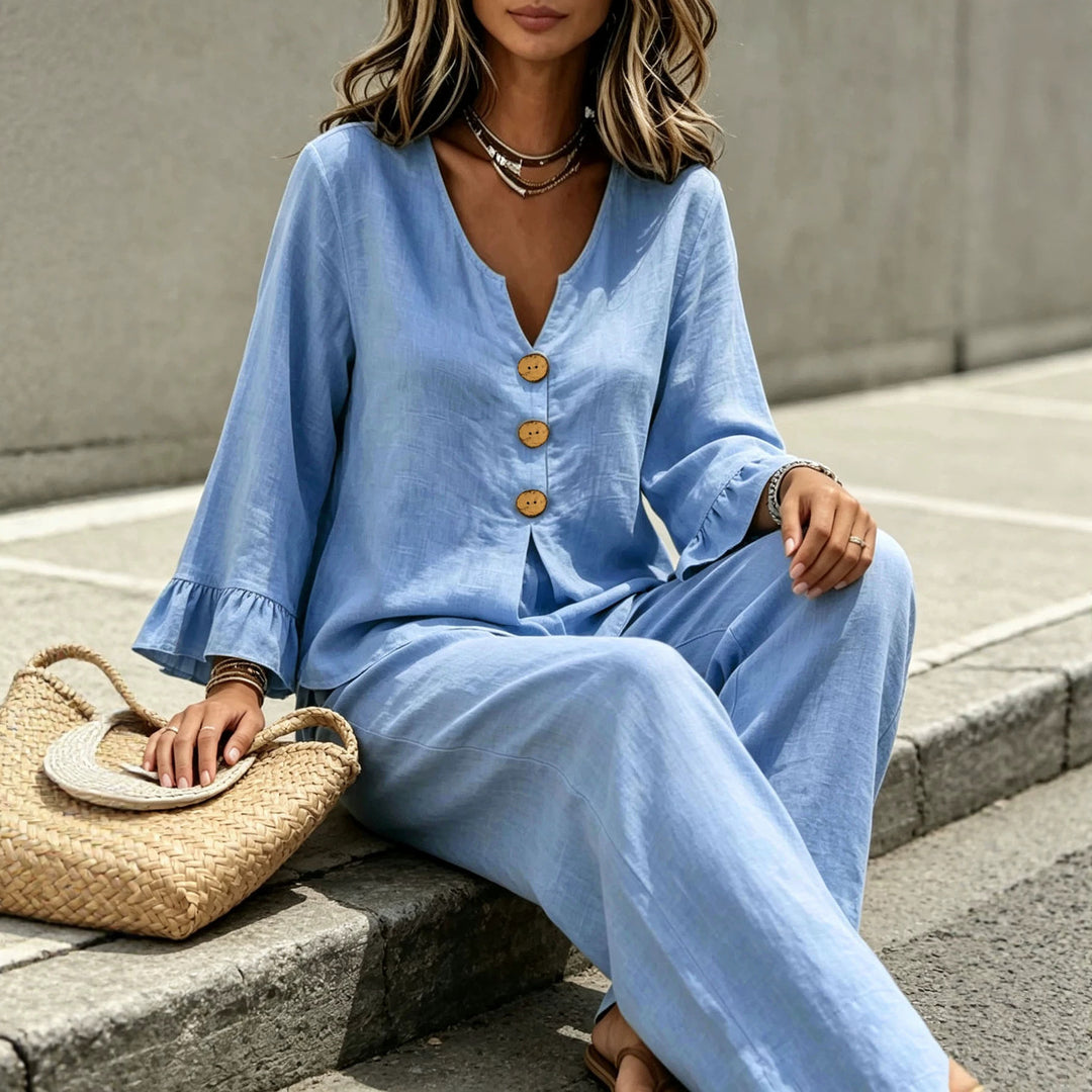 Damen Leinenoptik-Loungewear-Set mit V-Ausschnitt Holzknopfleiste und Volantärmeln Drune