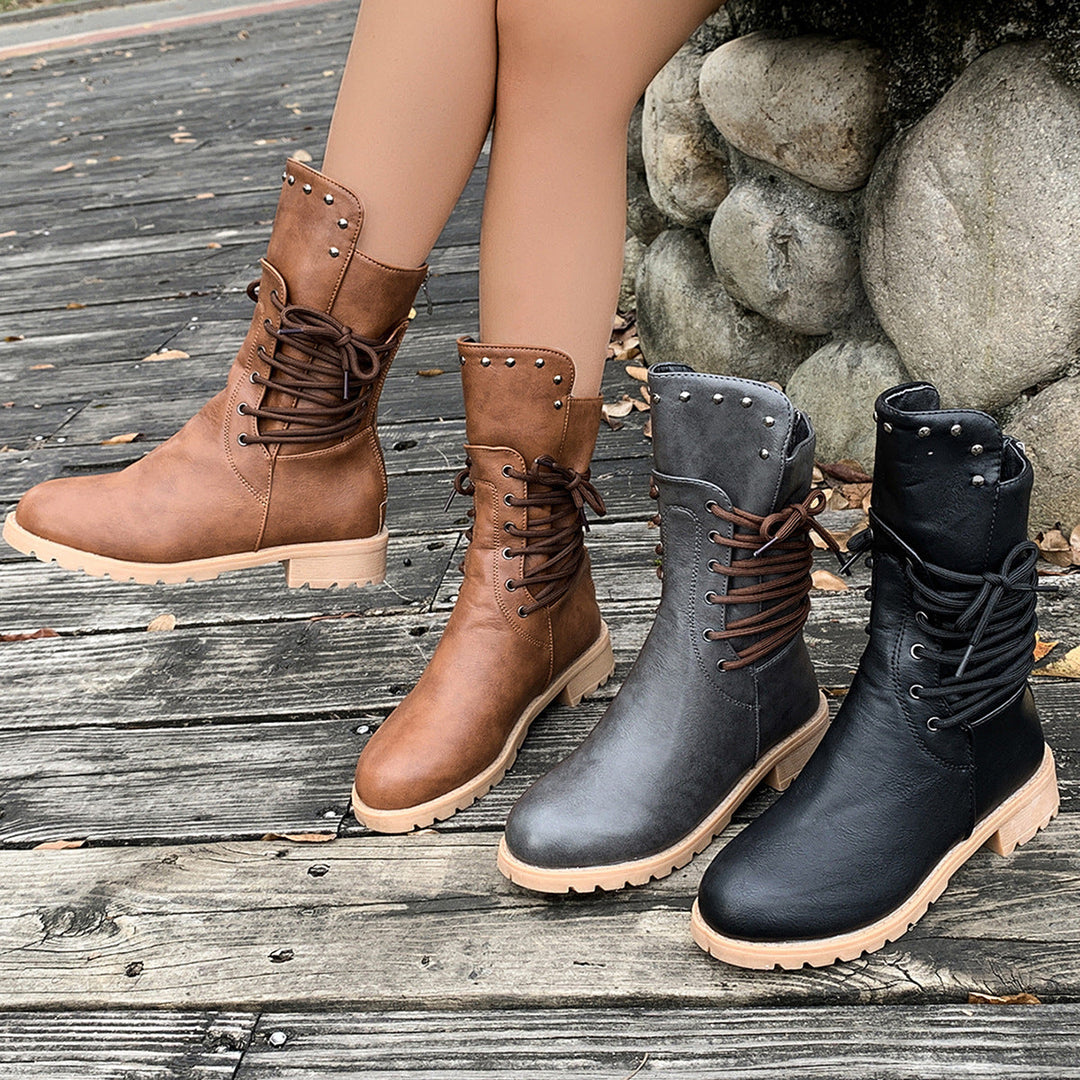 Damen Lederstiefel mit Schnürung und Nieten Drune