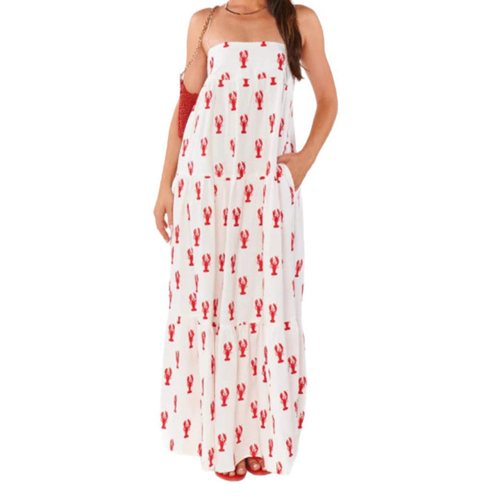 Damen nan trägerloses Stufenmaxikleid mit Bandeau-Oberteil lockerer A-Linie und maritimem Hummer-Print Drune