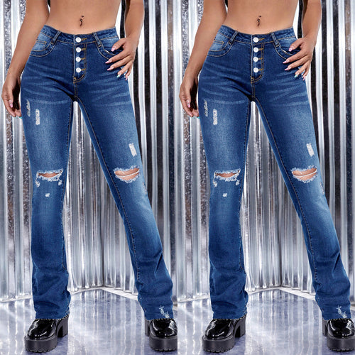 Damen Hochtaillierte Knopf‑Front Bootcut‑Jeans mit Sculpting‑Bund und distressed Knietrennungen Drune