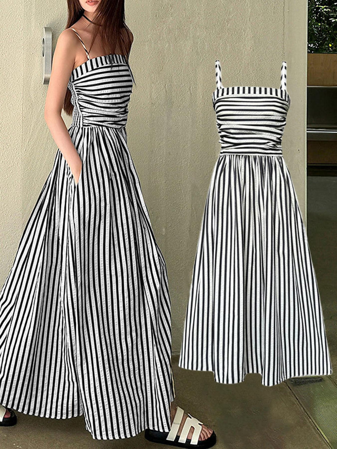 Damen Maxikleid mit schmalen Trägern und raffinierten Falten Drune