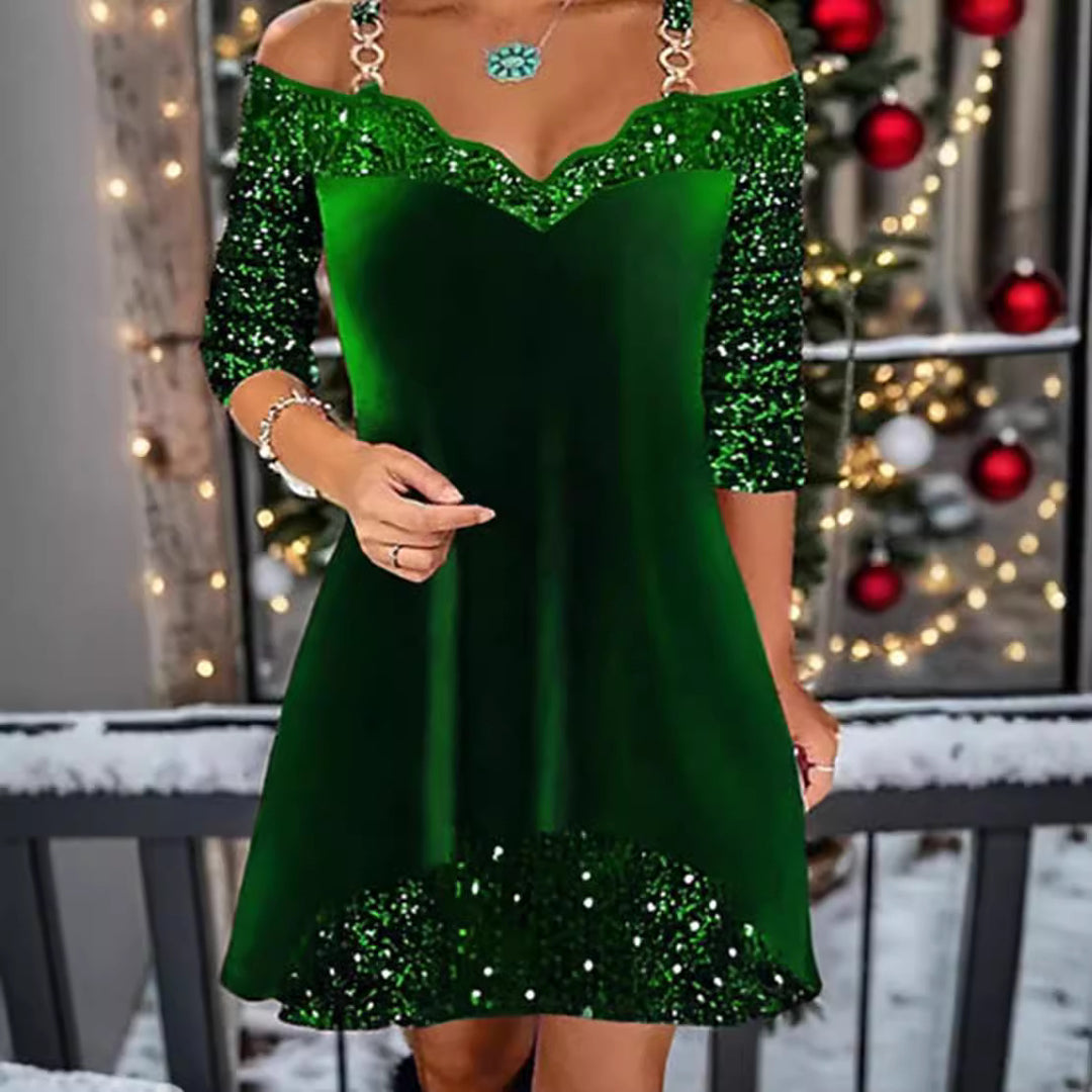 Damen nan schulterfreies Pailletten-Swingkleid mit zierlichen Ketten‑Trägern, halblangen Ärmeln und Volantbesatz Drune