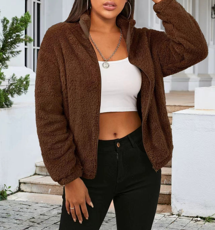 Damen kuschelige Teddyjacke mit hohem Kragen und aufgestelltem Reißverschluss Drune