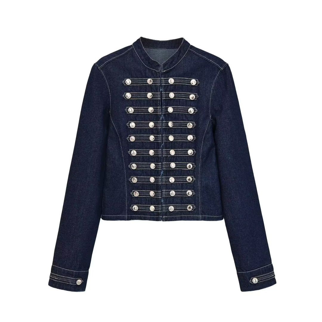 Damen Jeansjacke im Militärstil mit Stehkragen und dekorativen Zierknopfleisten Drune