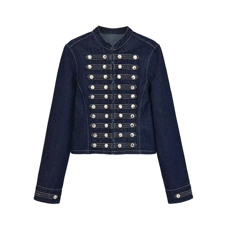 Damen Jeansjacke im Militärstil mit Stehkragen und dekorativen Zierknopfleisten Drune