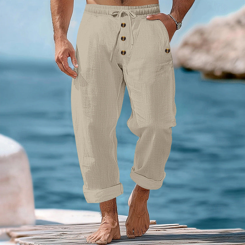 Herren nan lockere Leinen-Baumwoll-Hose mit elastischem Bund, Kordelzug und aufgekrempeltem Saum Drune