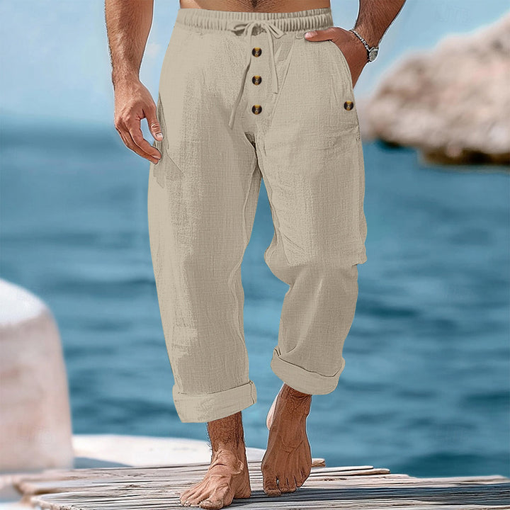 Herren nan lockere Leinen-Baumwoll-Hose mit elastischem Bund, Kordelzug und aufgekrempeltem Saum Drune