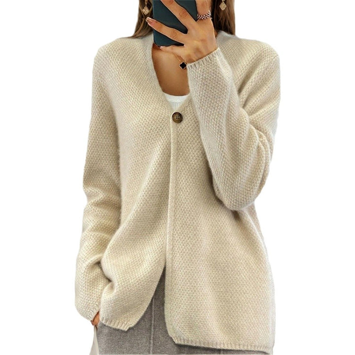 Damen nan kaschmirähnlicher Strukturstrick-Cardigan mit Ein-Knopf-Verschluss und hüftbedeckender Passform Drune