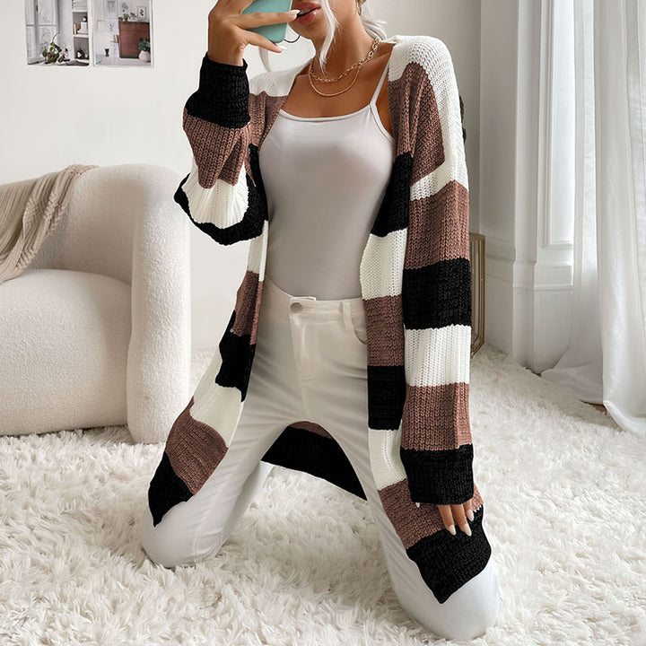 Damen Langer Oversize-Strickcardigan mit Blockstreifen und offener Front Drune