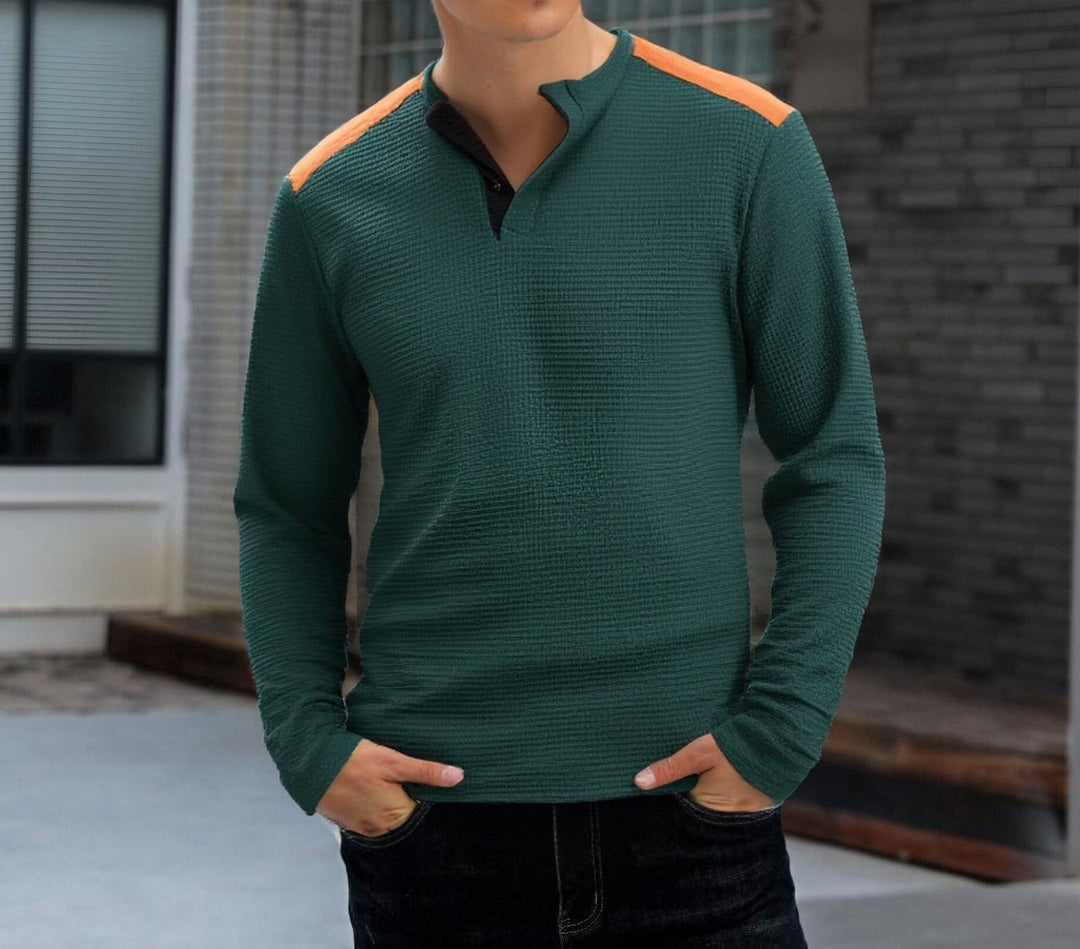 Herren strukturiertes Henley-Langarmshirt mit Stehkragen, Schulterpaspel und Waffelstruktur Drune