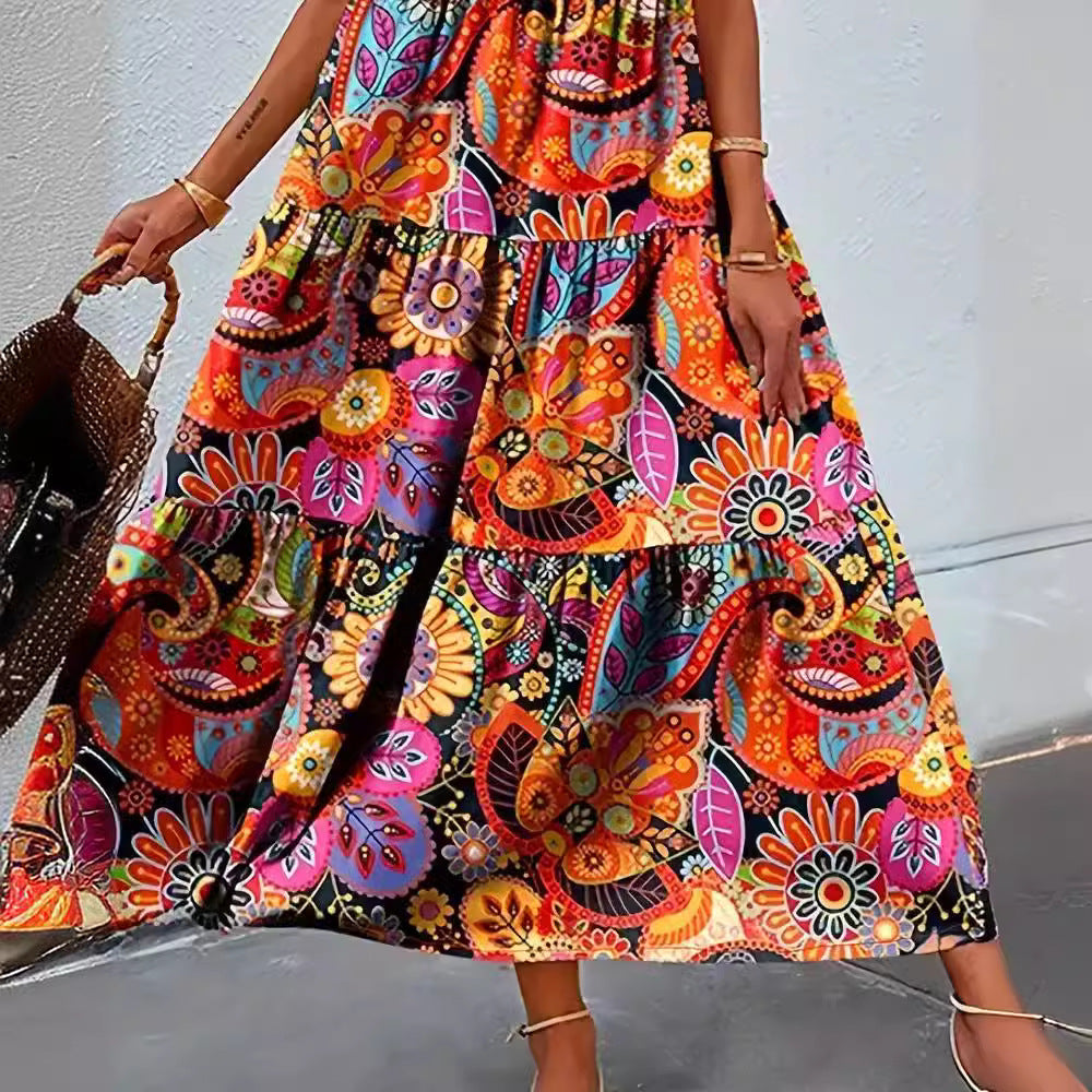Damen nan stufenförmiges Boho-Maxikleid mit V-Ausschnitt und geraffter Unterbrustnaht Drune