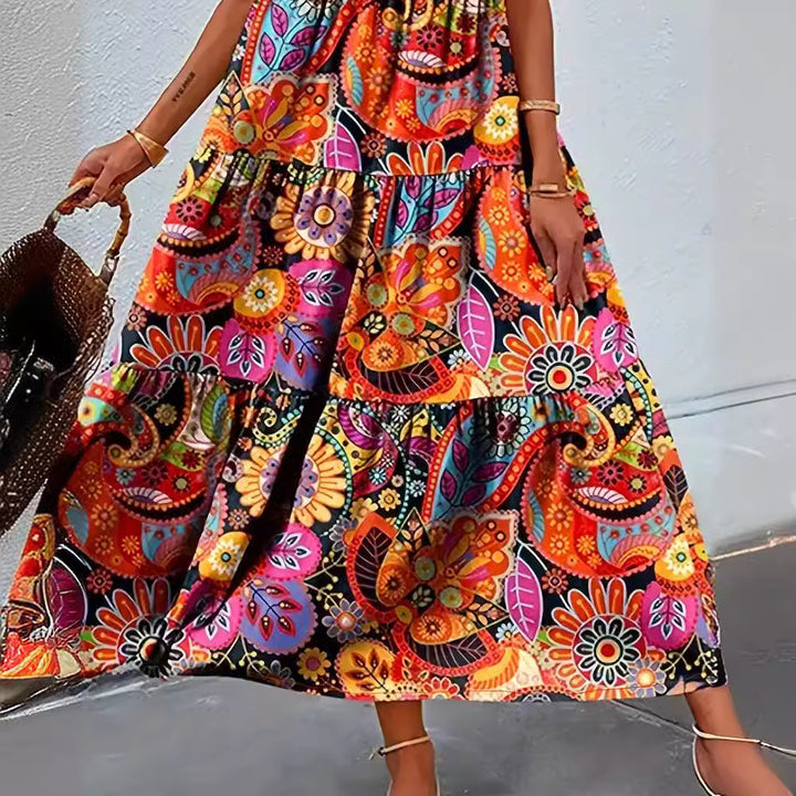Damen nan stufenförmiges Boho-Maxikleid mit V-Ausschnitt und geraffter Unterbrustnaht Drune