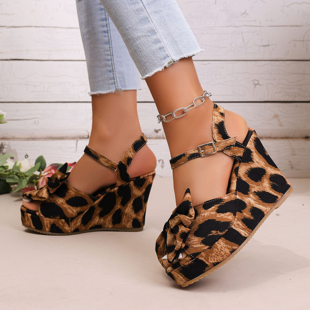 Damen Wedge-Sandalen mit dekorativem Schleifen-Detail und Tiermuster Drune
