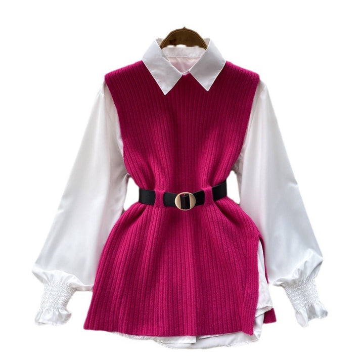 Damen Lagenlook-Bluse mit Rippstrick-Überwurf und Taillengürtel Drune
