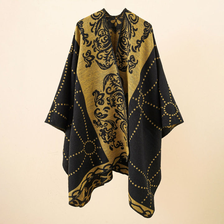 Damen Jacquard-Ruana im Umhangstil mit kontrastierender Kettelsaum Drune