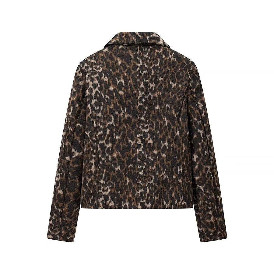 Damen nan kastige Kurzjacke mit Leopardenprint, Schalkragen und aufgesetzten Pattentaschen Drune