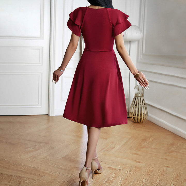 Drune | V-Ausschnitt Einfarbig Kurzarmkleid Für Frauen