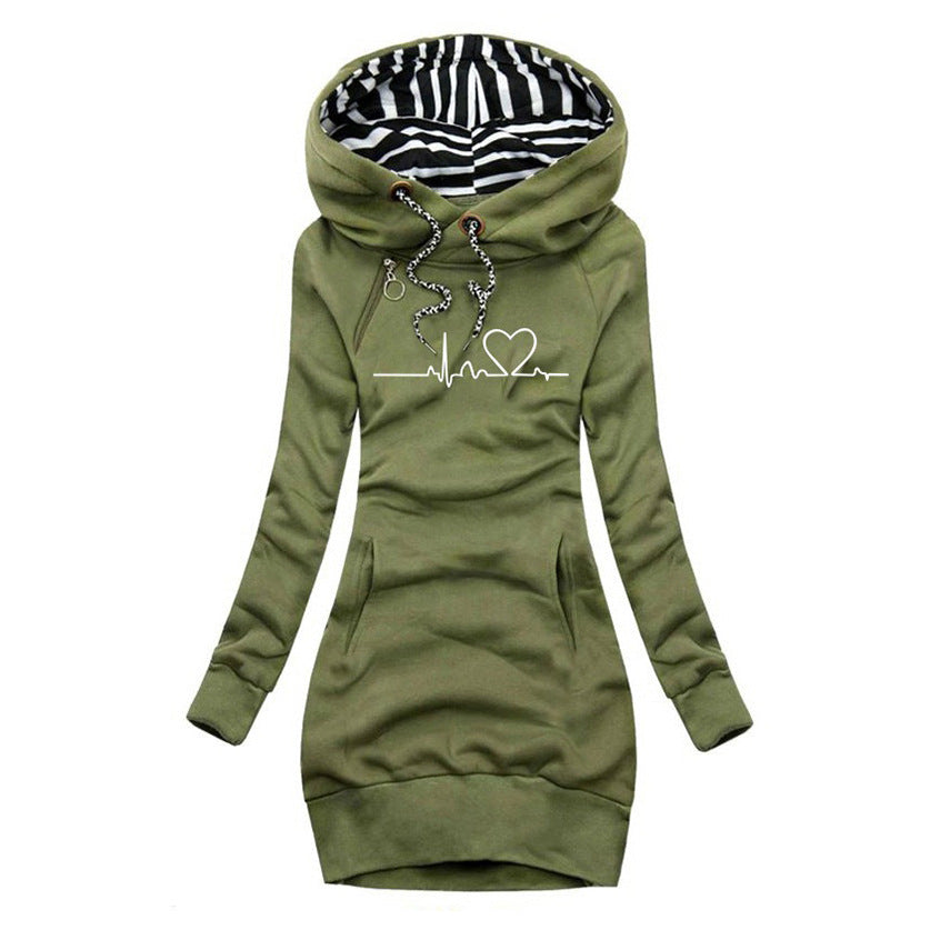 Damen Kapuzen-Sweatkleid mit gestreiftem Kapuzenfutter, Kängurutasche und Herz-EKG-Druck Drune