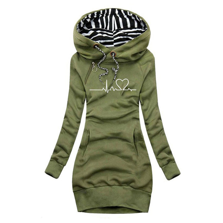 Damen Kapuzen-Sweatkleid mit gestreiftem Kapuzenfutter, Kängurutasche und Herz-EKG-Druck Drune