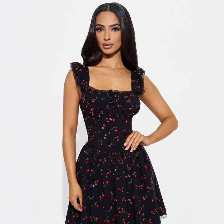 Damen Sommerkleid mit verspieltem Kirschmuster und Spitzenakzenten Drune