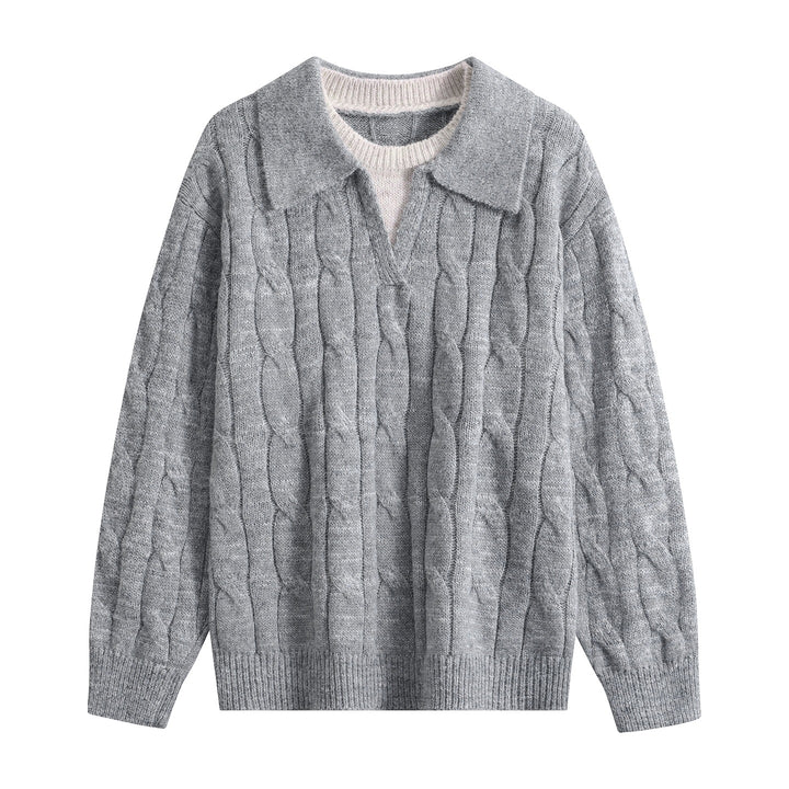 Damen Oversize Grobstrick-Pullover mit Polokragen und Zopfmuster Drune