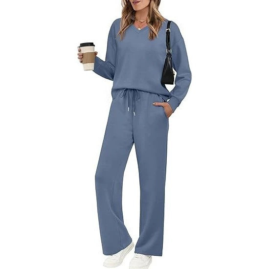 Damen Lässiges Lounge-Set mit V-Ausschnitt-Sweatshirt und weiten Tunnelzug-Hosen Drune