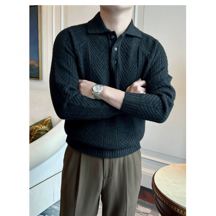 Herren Polokragen-Zopfstrick-Pullover mit halber Knopfleiste Drune