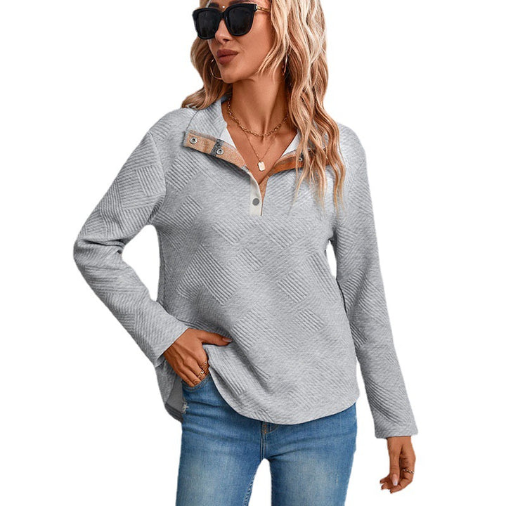 Damen Strukturierter Waffelstrick-Henley-Pullover mit Stehkragen und Druckknopfleiste Drune