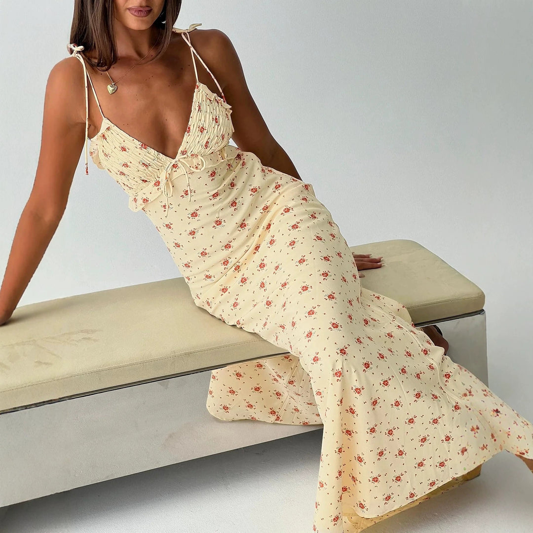 Damen Maxi-Kleid mit verspieltem Blumenmuster und verstellbaren Spaghetti-Trägern Drune