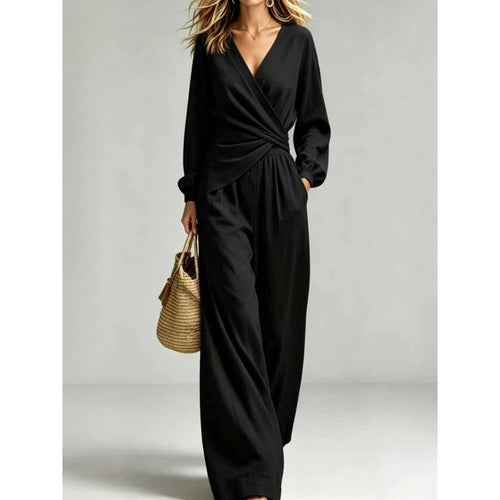 Damen Wickel-Jumpsuit mit weitem Bein und V-Ausschnitt Drune