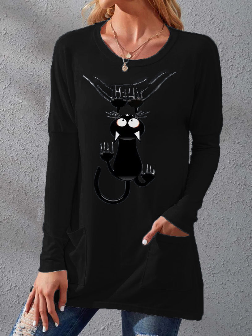 Damen Langere Baumwollmischung Tunika Shirt mit Cartoon-Katzen-Druck und Seitentaschen Drune